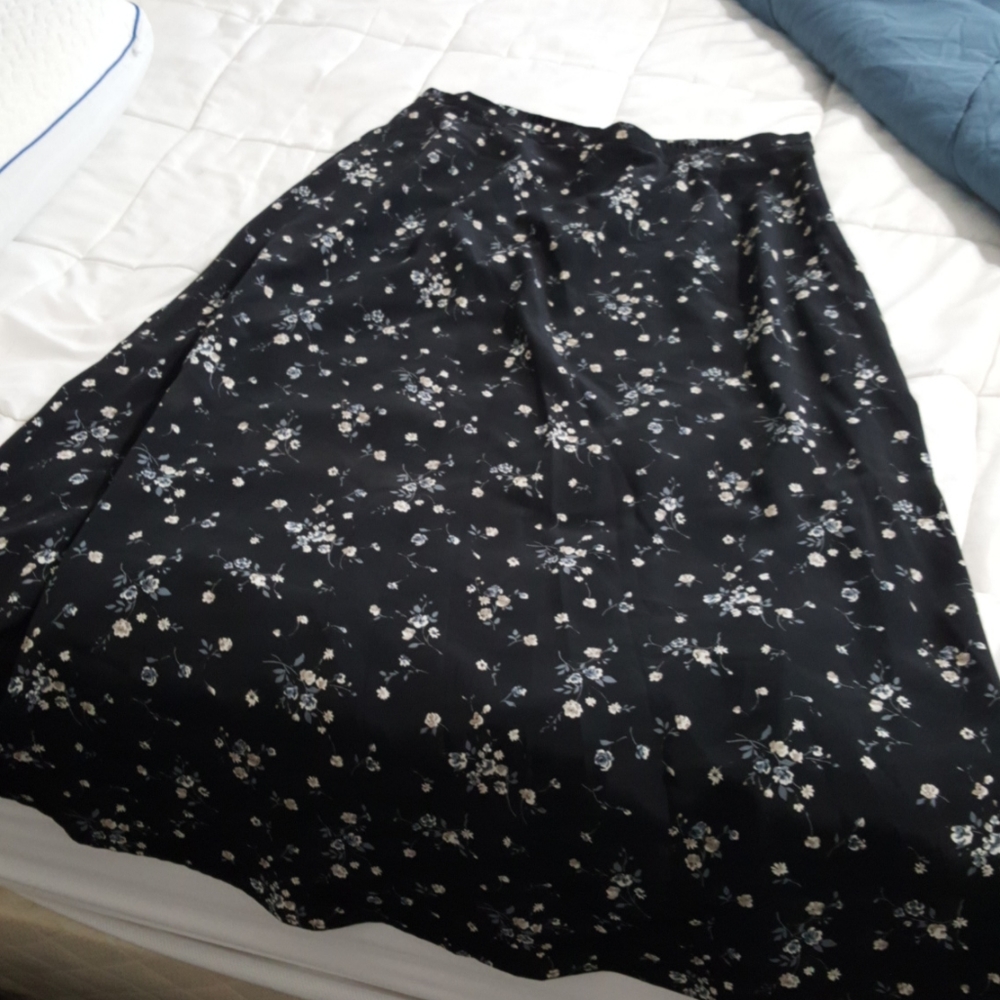 Black Long Silky Floral Skirt